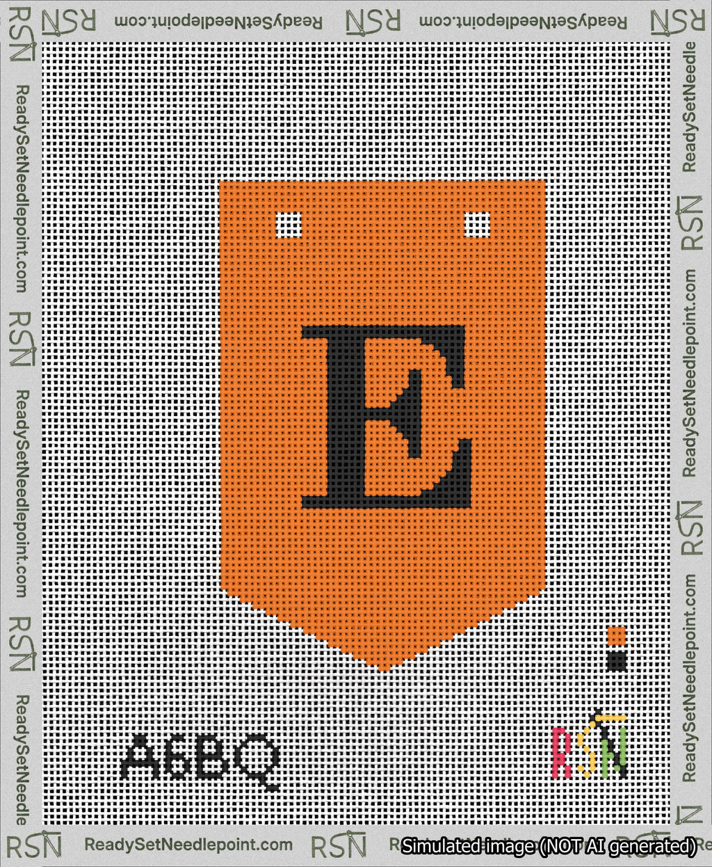 A taped needlepoint canvas with the design: Banner 13 mesh count Pointed E Black on Orange.