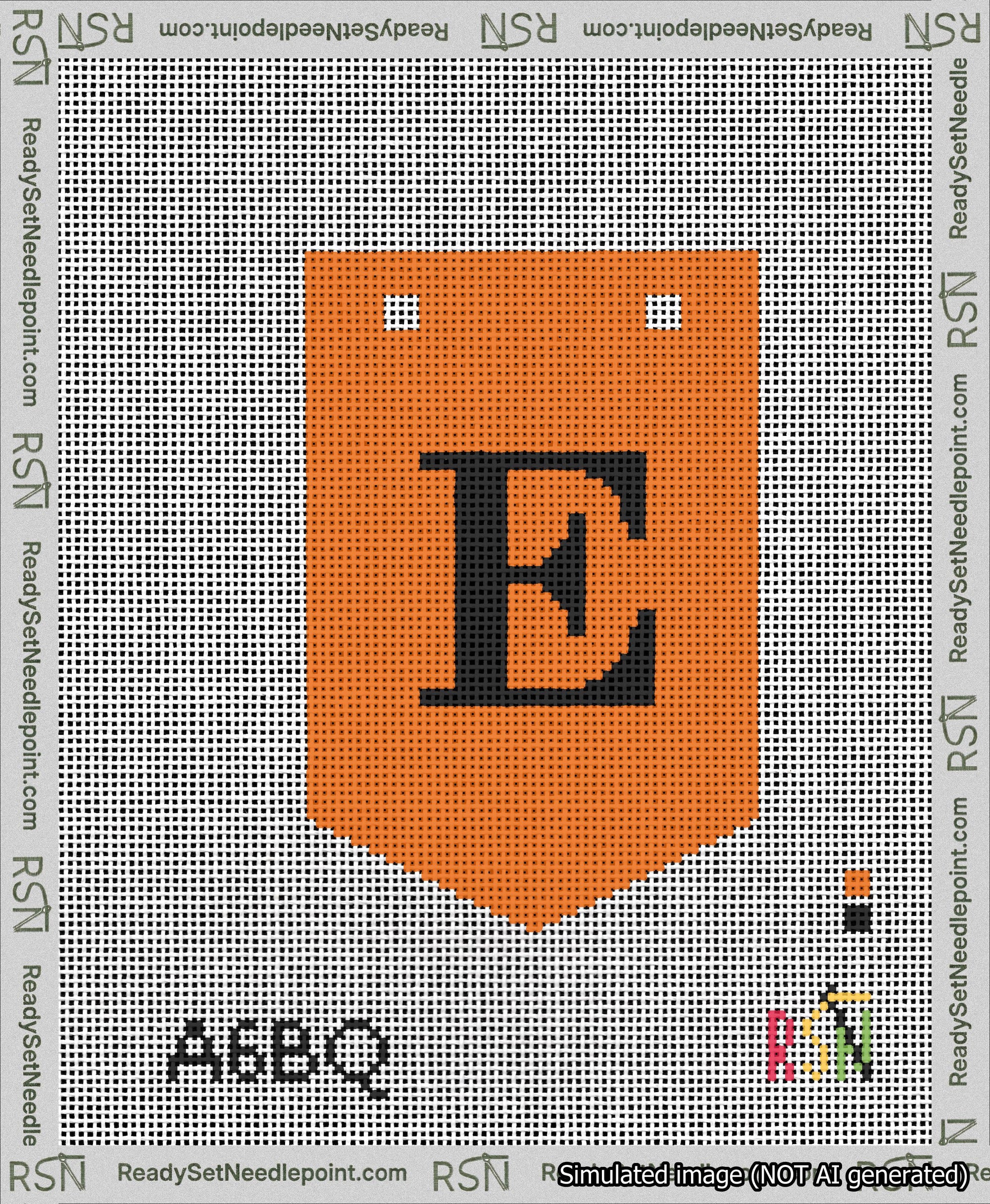 A taped needlepoint canvas with the design: Banner 13 mesh count Pointed E Black on Orange.