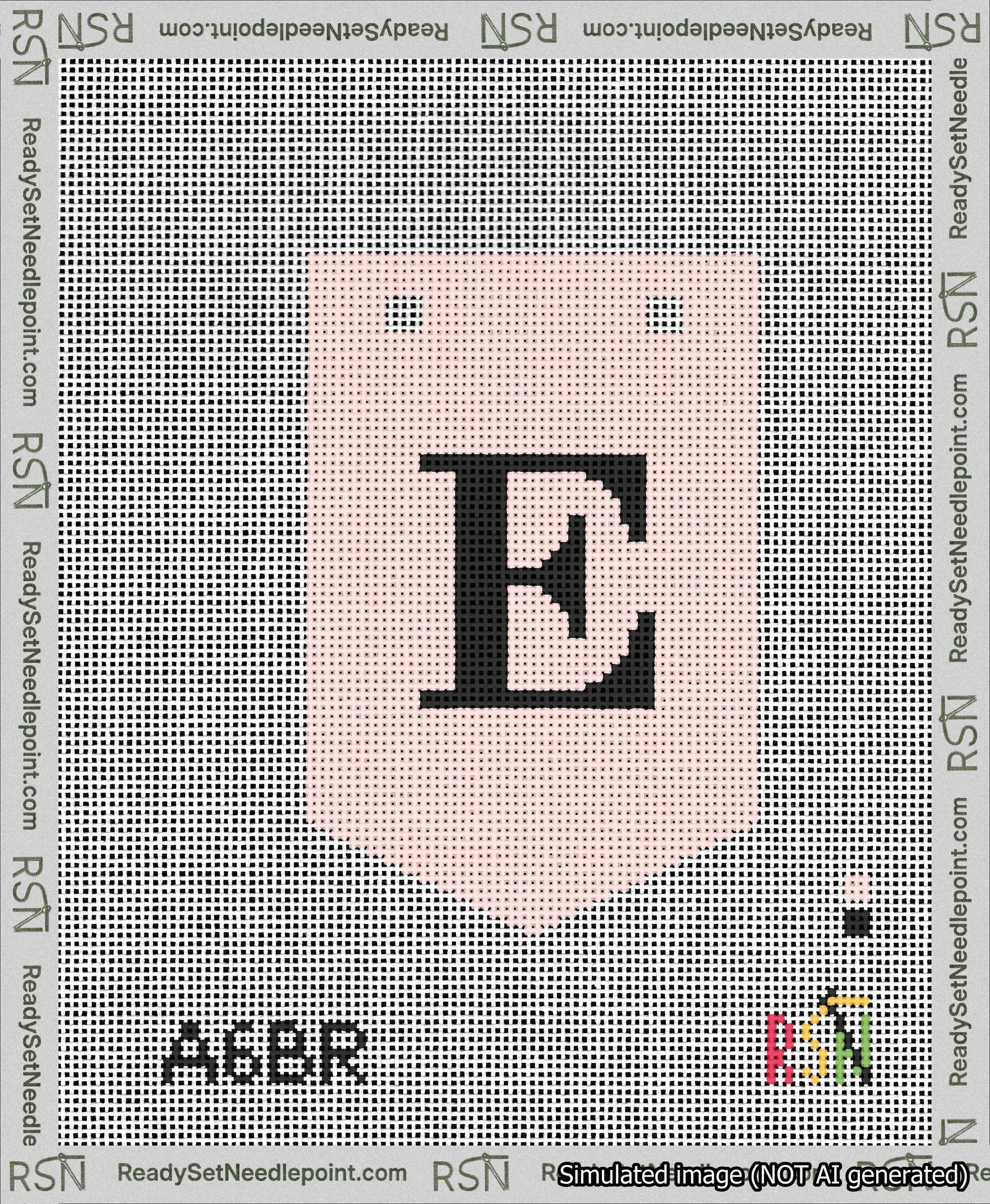 A taped needlepoint canvas with the design: Banner 13 mesh count Pointed E Black on Pink.