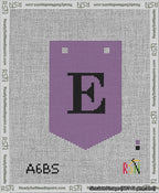 A taped needlepoint canvas with the design: Banner 13 mesh count Pointed E Black on Purple.