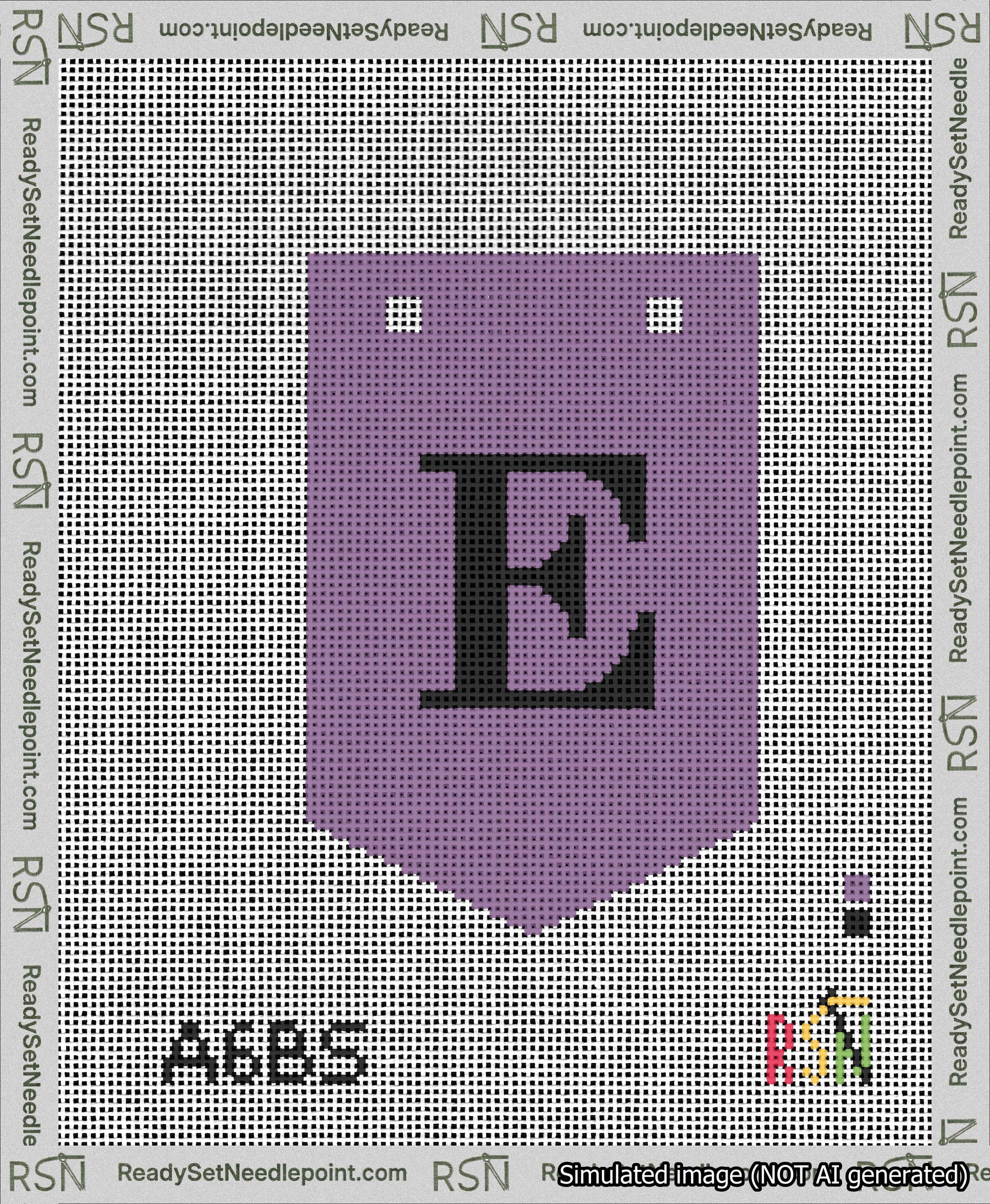A taped needlepoint canvas with the design: Banner 13 mesh count Pointed E Black on Purple.