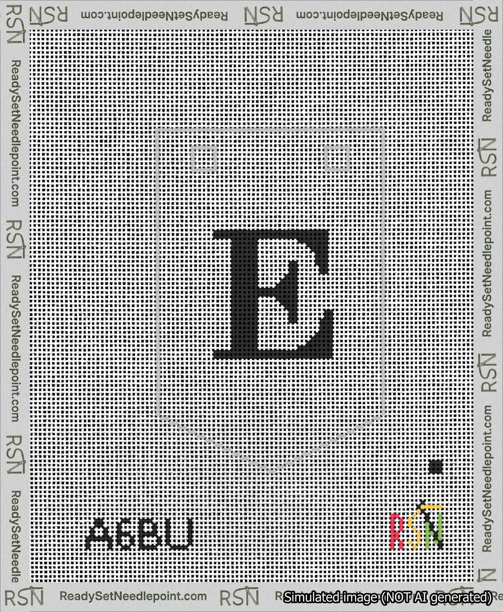 A taped needlepoint canvas with the design: Banner 13 mesh count Pointed E Black on White.