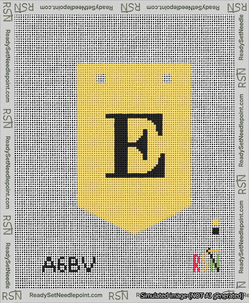A taped needlepoint canvas with the design: Banner 13 mesh count Pointed E Black on Yellow.