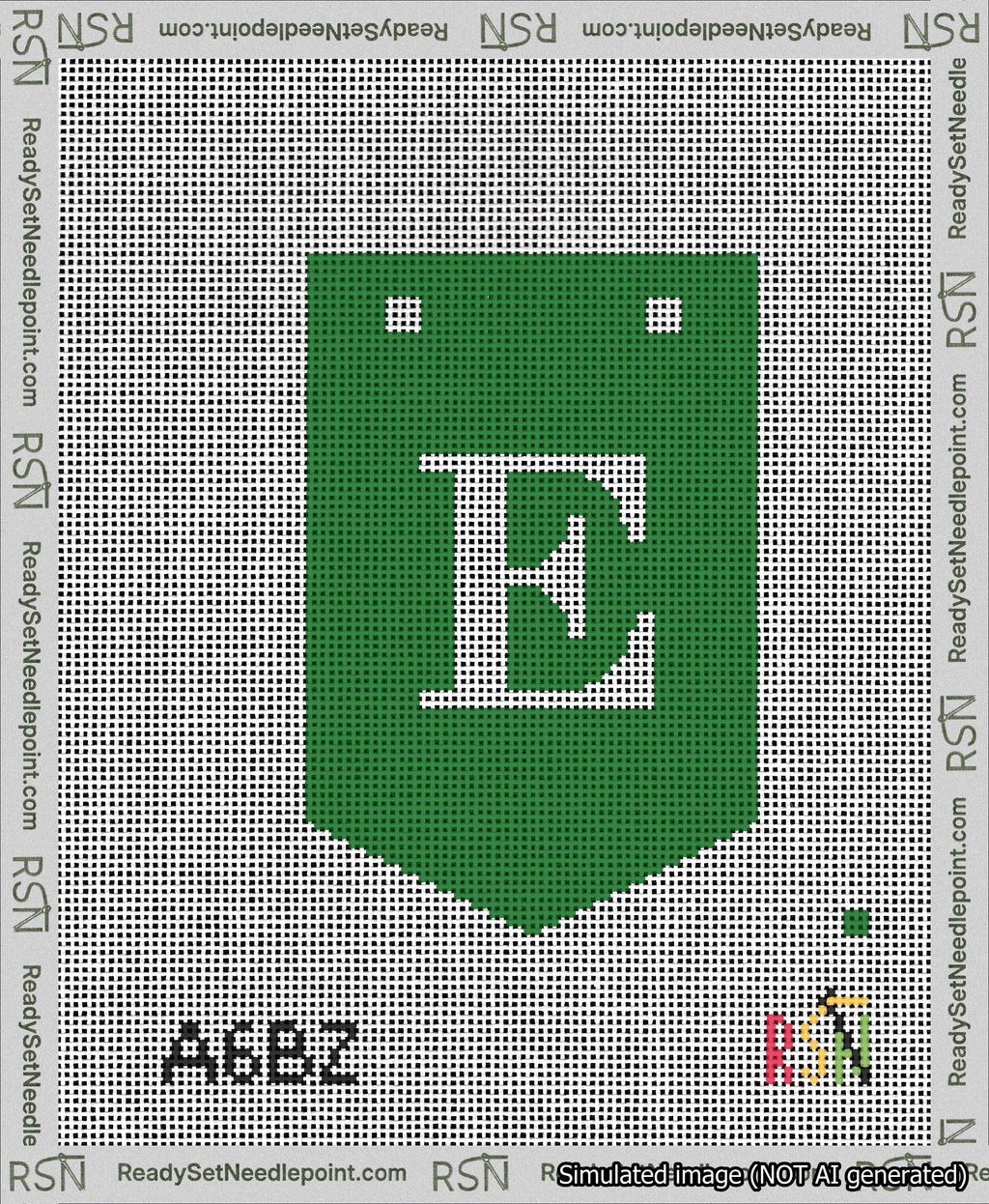A taped needlepoint canvas with the design: Banner 13 mesh count Pointed E White on Green.