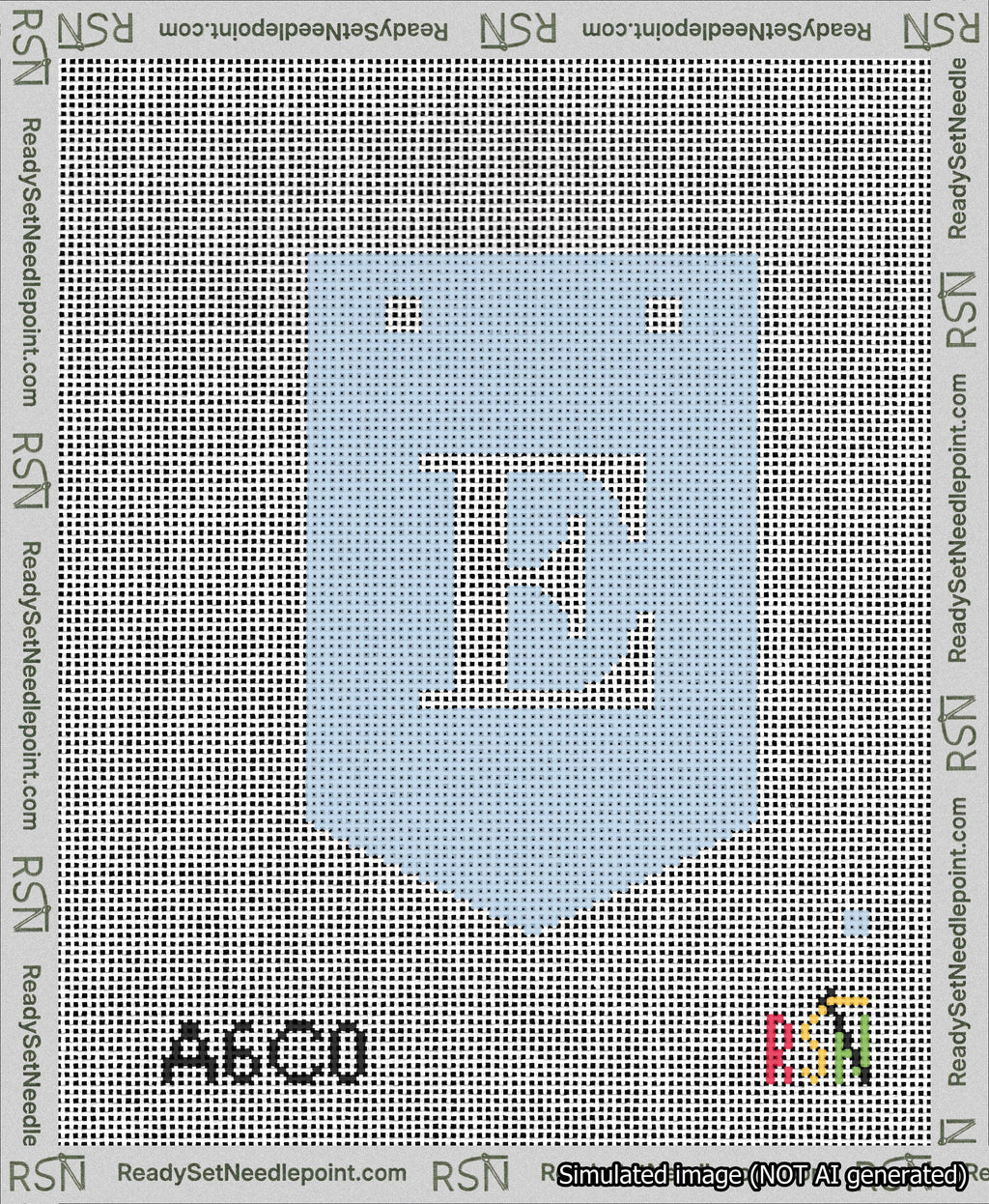A taped needlepoint canvas with the design: Banner 13 mesh count Pointed E White on Light Blue.