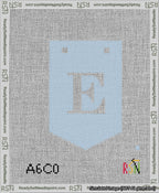 A taped needlepoint canvas with the design: Banner 13 mesh count Pointed E White on Light Blue.
