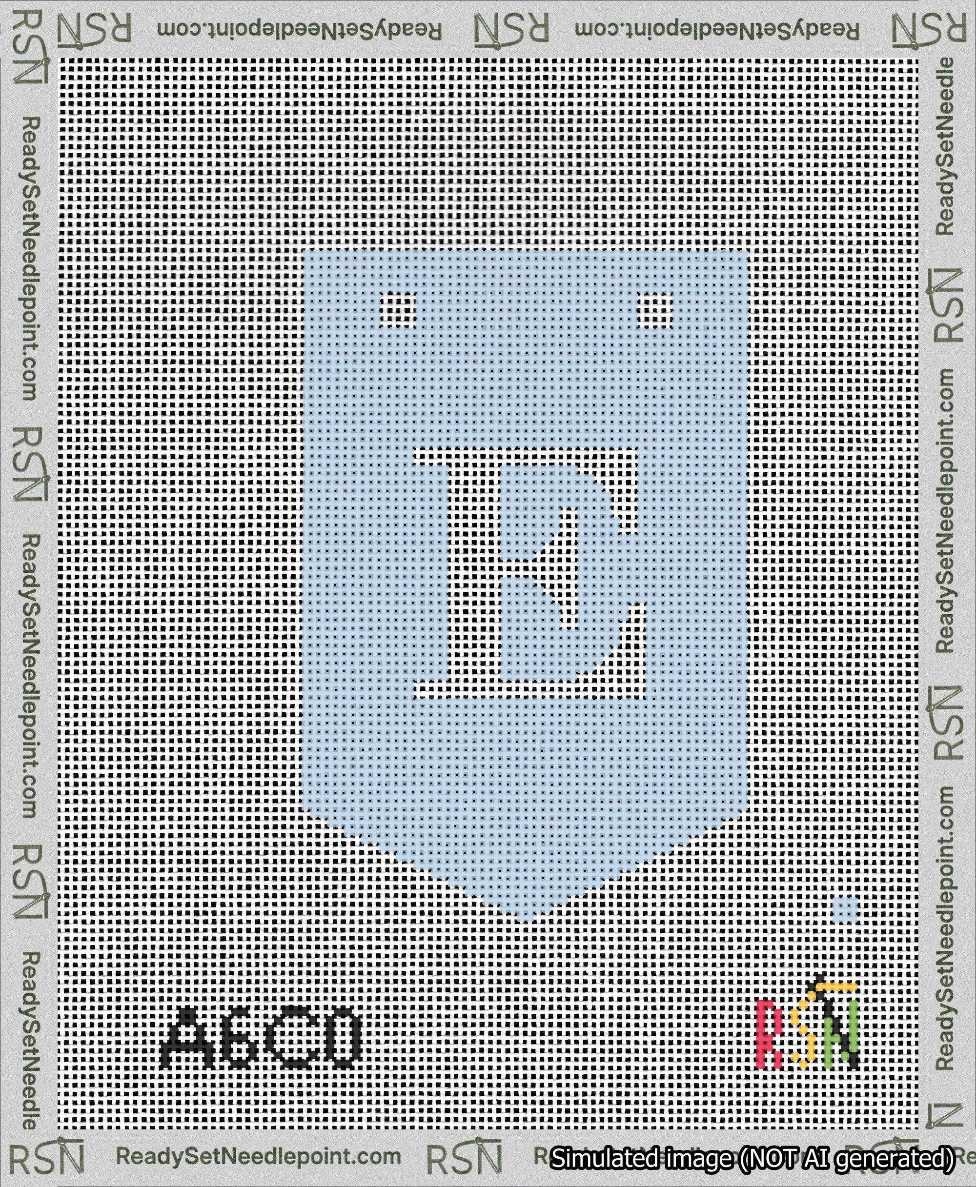A taped needlepoint canvas with the design: Banner 13 mesh count Pointed E White on Light Blue.