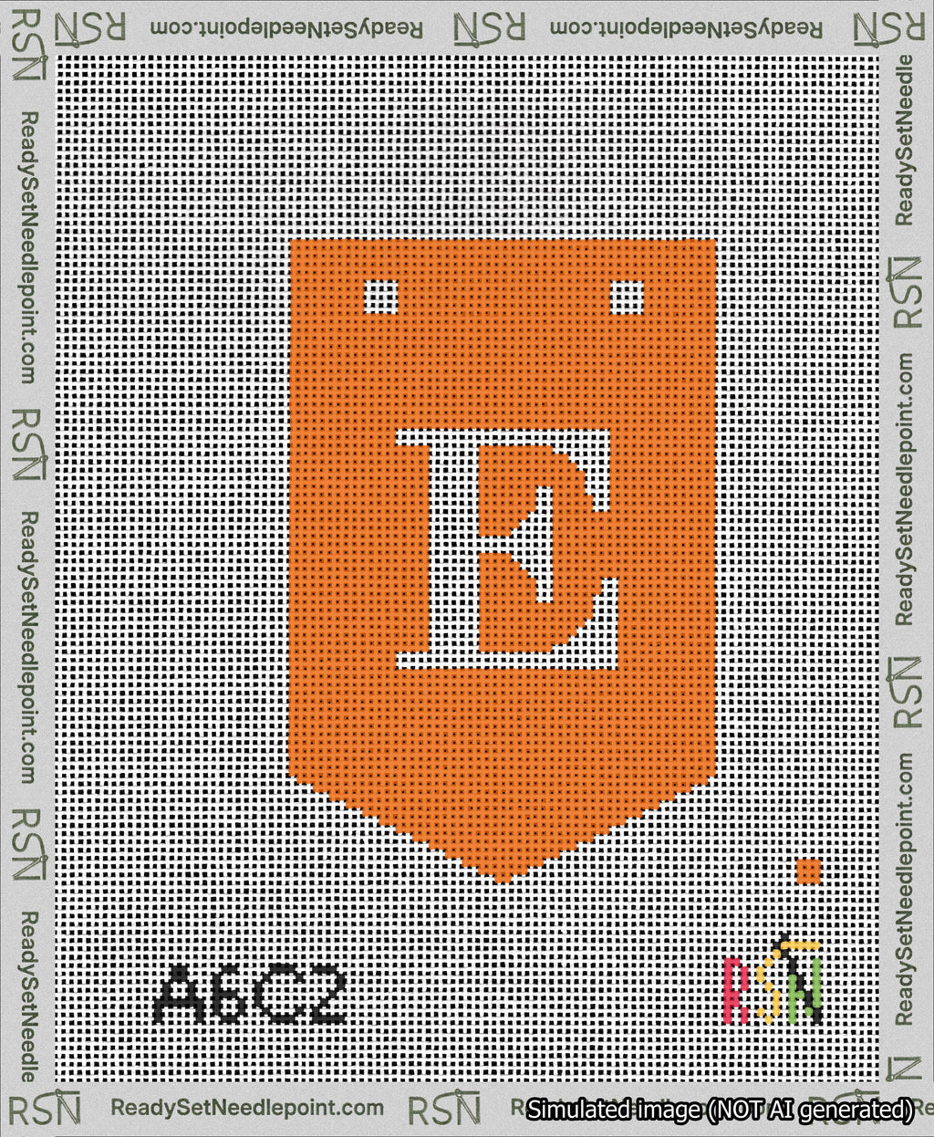 A taped needlepoint canvas with the design: Banner 13 mesh count Pointed E White on Orange.