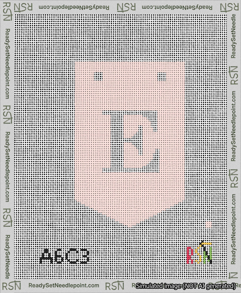 A taped needlepoint canvas with the design: Banner 13 mesh count Pointed E White on Pink.