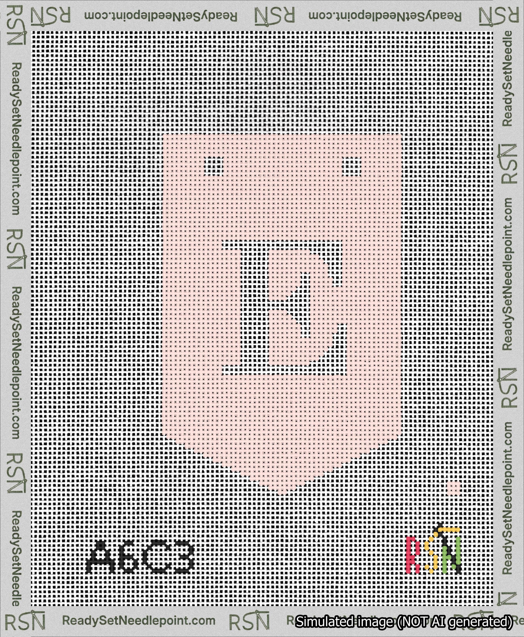 A taped needlepoint canvas with the design: Banner 13 mesh count Pointed E White on Pink.