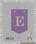 A taped needlepoint canvas with the design: Banner 13 mesh count Pointed E White on Purple.