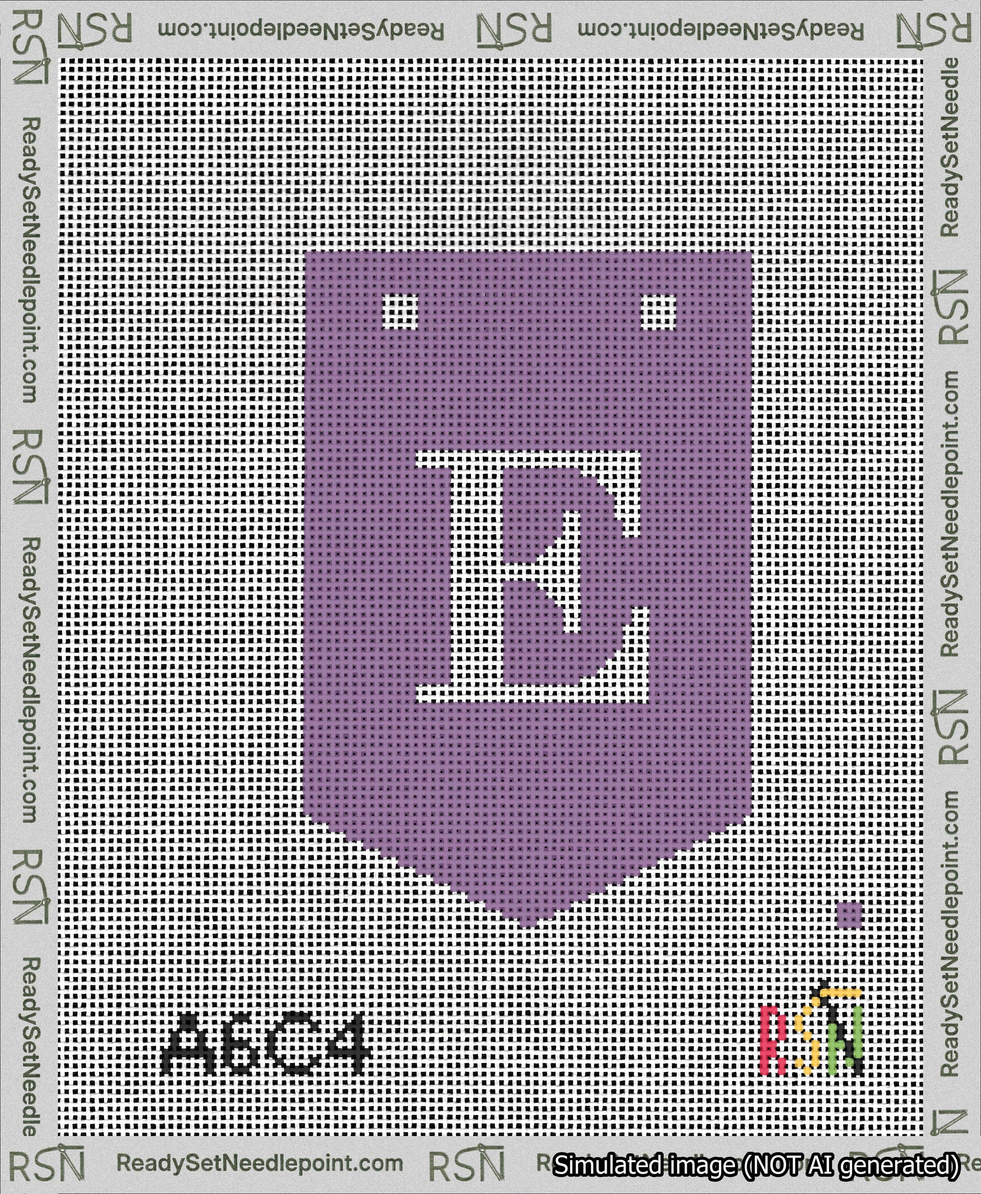 A taped needlepoint canvas with the design: Banner 13 mesh count Pointed E White on Purple.