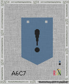 A taped needlepoint canvas with the design: Banner 13 mesh count Pointed Exclamation Black on Blue.