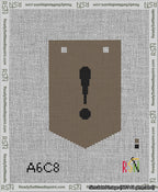 A taped needlepoint canvas with the design: Banner 13 mesh count Pointed Exclamation Black on Brown.