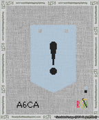 A taped needlepoint canvas with the design: Banner 13 mesh count Pointed Exclamation Black on Light Blue.