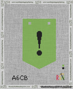 A taped needlepoint canvas with the design: Banner 13 mesh count Pointed Exclamation Black on Light Green.