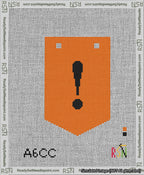 A taped needlepoint canvas with the design: Banner 13 mesh count Pointed Exclamation Black on Orange.