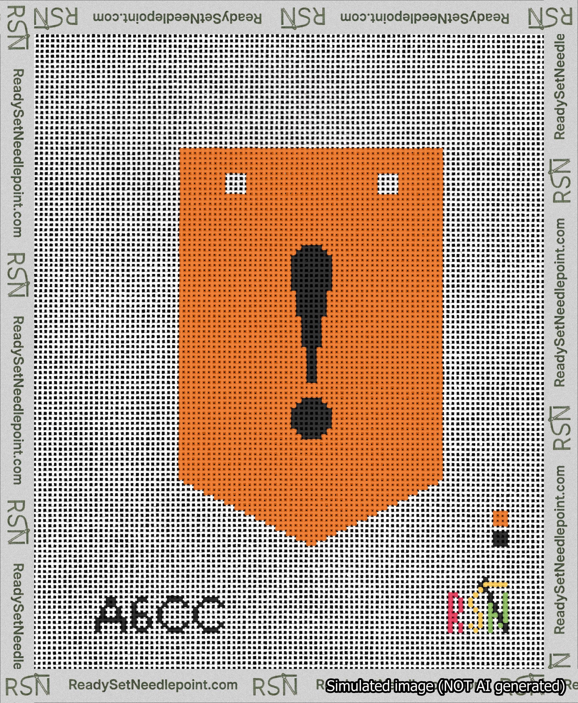 A taped needlepoint canvas with the design: Banner 13 mesh count Pointed Exclamation Black on Orange.