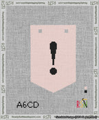 A taped needlepoint canvas with the design: Banner 13 mesh count Pointed Exclamation Black on Pink.