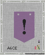 A taped needlepoint canvas with the design: Banner 13 mesh count Pointed Exclamation Black on Purple.