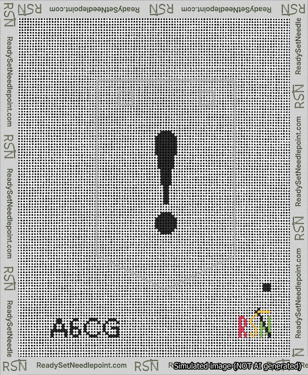 A taped needlepoint canvas with the design: Banner 13 mesh count Pointed Exclamation Black on White.