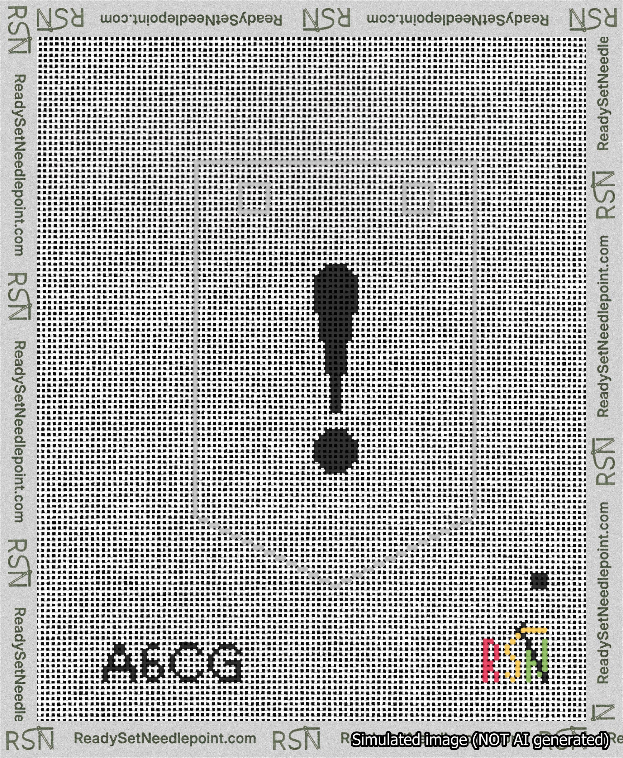 A taped needlepoint canvas with the design: Banner 13 mesh count Pointed Exclamation Black on White.