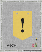 A taped needlepoint canvas with the design: Banner 13 mesh count Pointed Exclamation Black on Yellow.