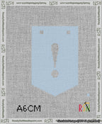 A taped needlepoint canvas with the design: Banner 13 mesh count Pointed Exclamation White on Light Blue.