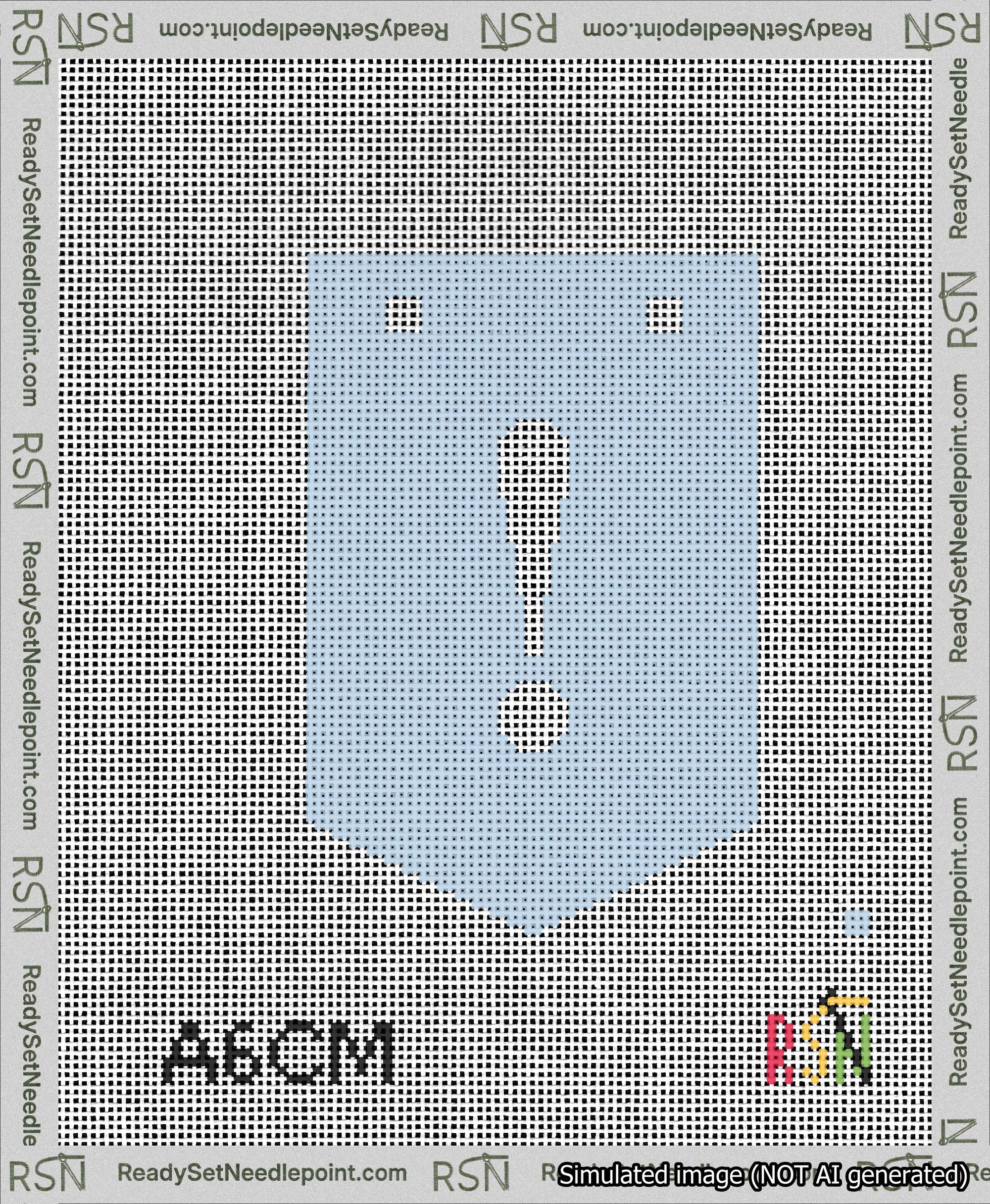 A taped needlepoint canvas with the design: Banner 13 mesh count Pointed Exclamation White on Light Blue.
