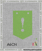 A taped needlepoint canvas with the design: Banner 13 mesh count Pointed Exclamation White on Light Green.