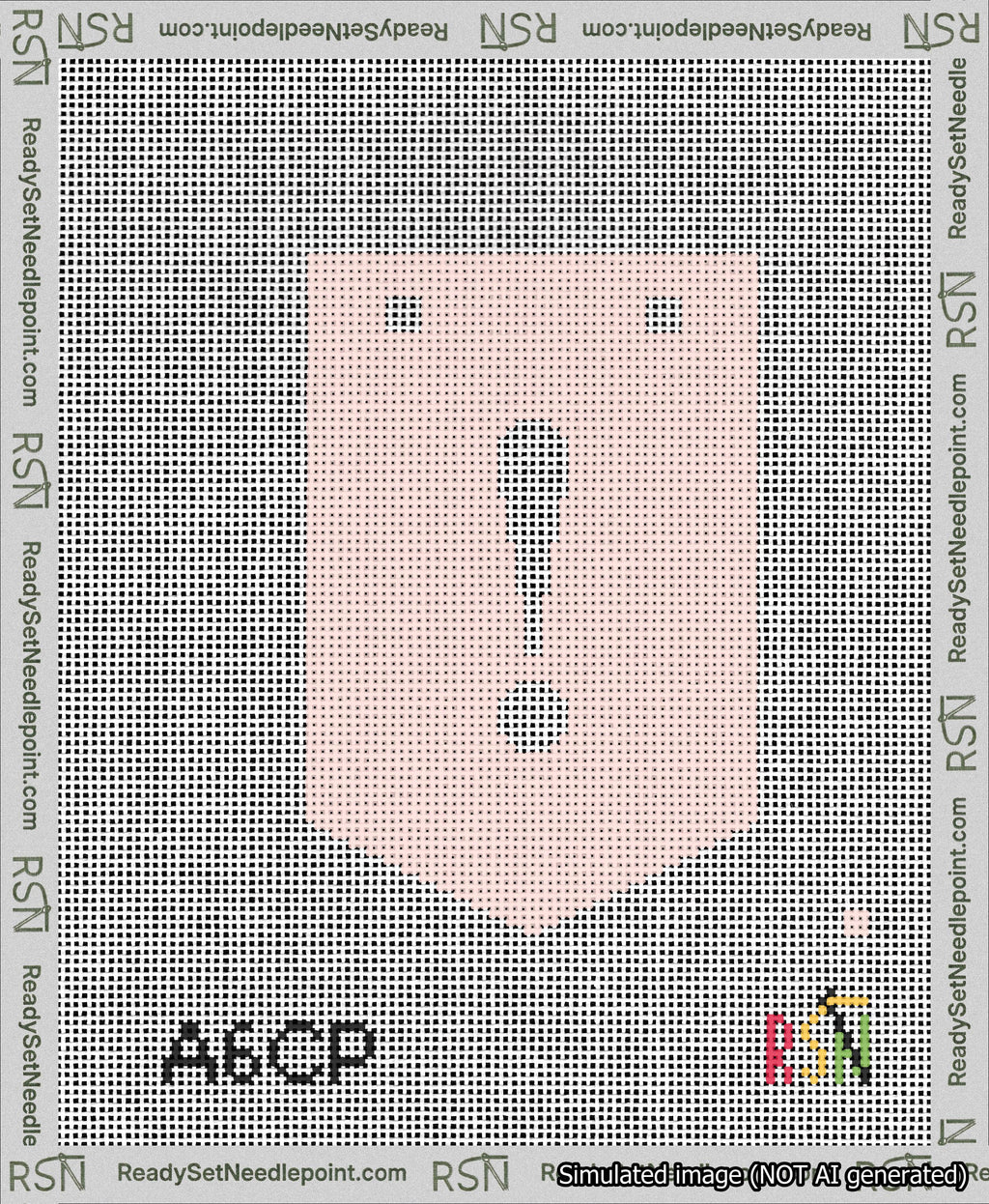 A taped needlepoint canvas with the design: Banner 13 mesh count Pointed Exclamation White on Pink.
