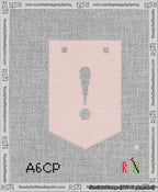 A taped needlepoint canvas with the design: Banner 13 mesh count Pointed Exclamation White on Pink.