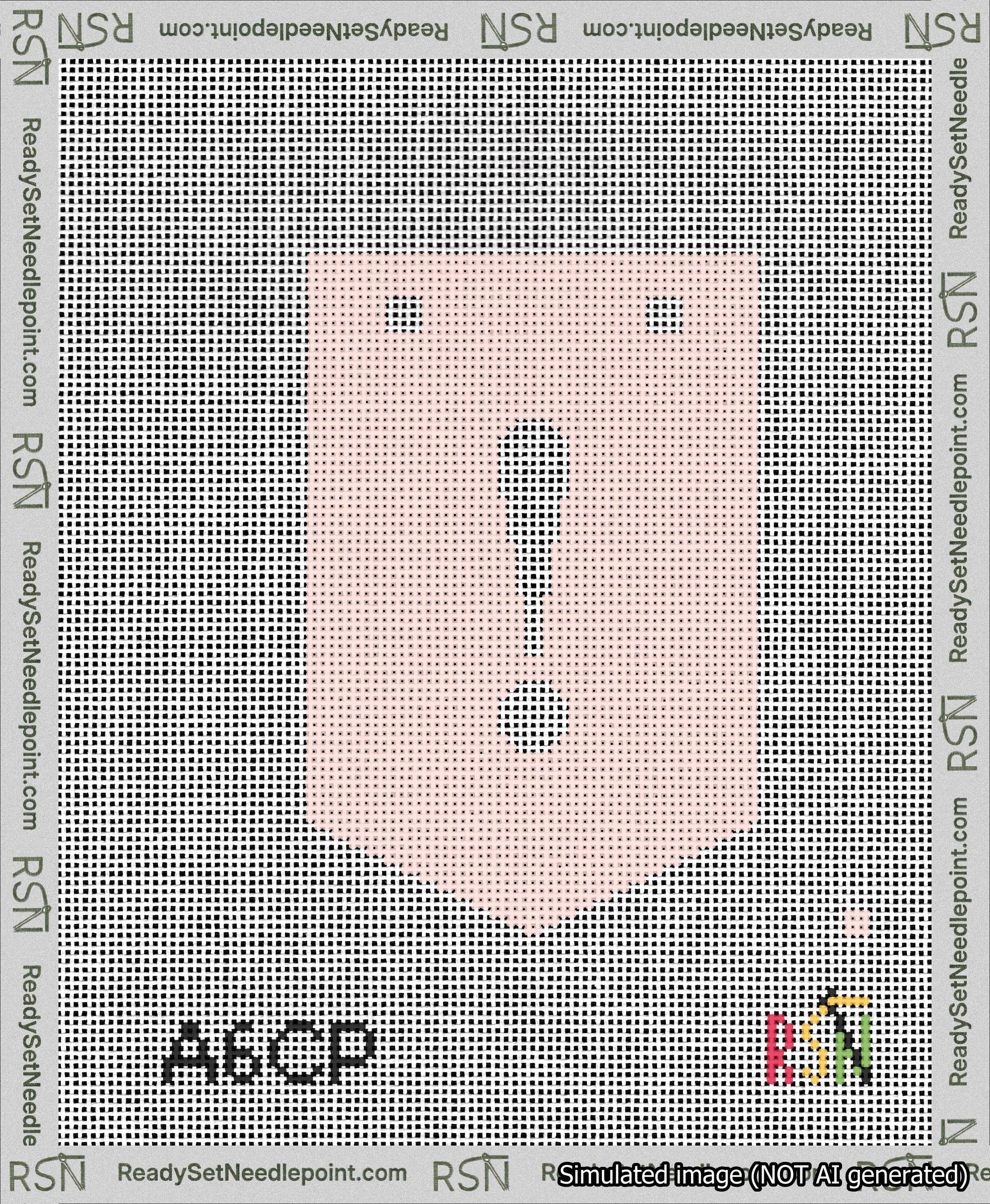 A taped needlepoint canvas with the design: Banner 13 mesh count Pointed Exclamation White on Pink.