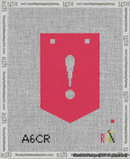 A taped needlepoint canvas with the design: Banner 13 mesh count Pointed Exclamation White on Red.