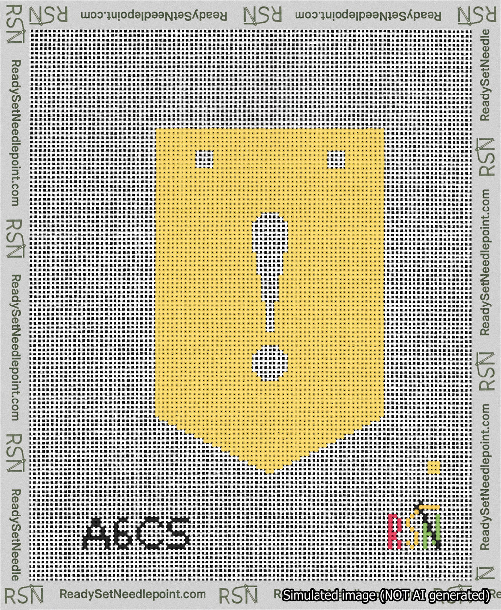 A taped needlepoint canvas with the design: Banner 13 mesh count Pointed Exclamation White on Yellow.