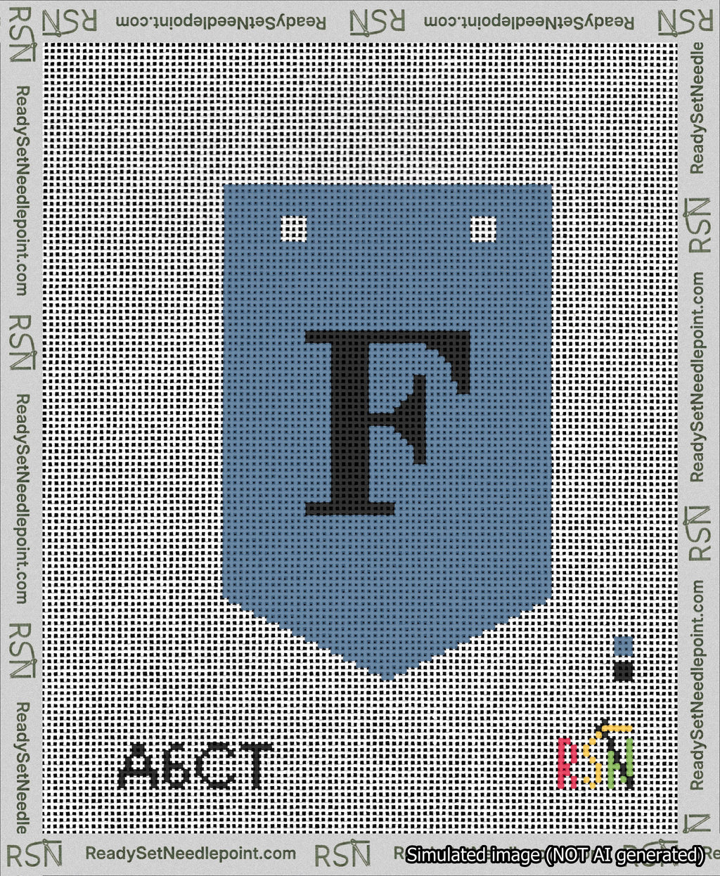 A taped needlepoint canvas with the design: Banner 13 mesh count Pointed F Black on Blue.