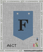 A taped needlepoint canvas with the design: Banner 13 mesh count Pointed F Black on Blue.