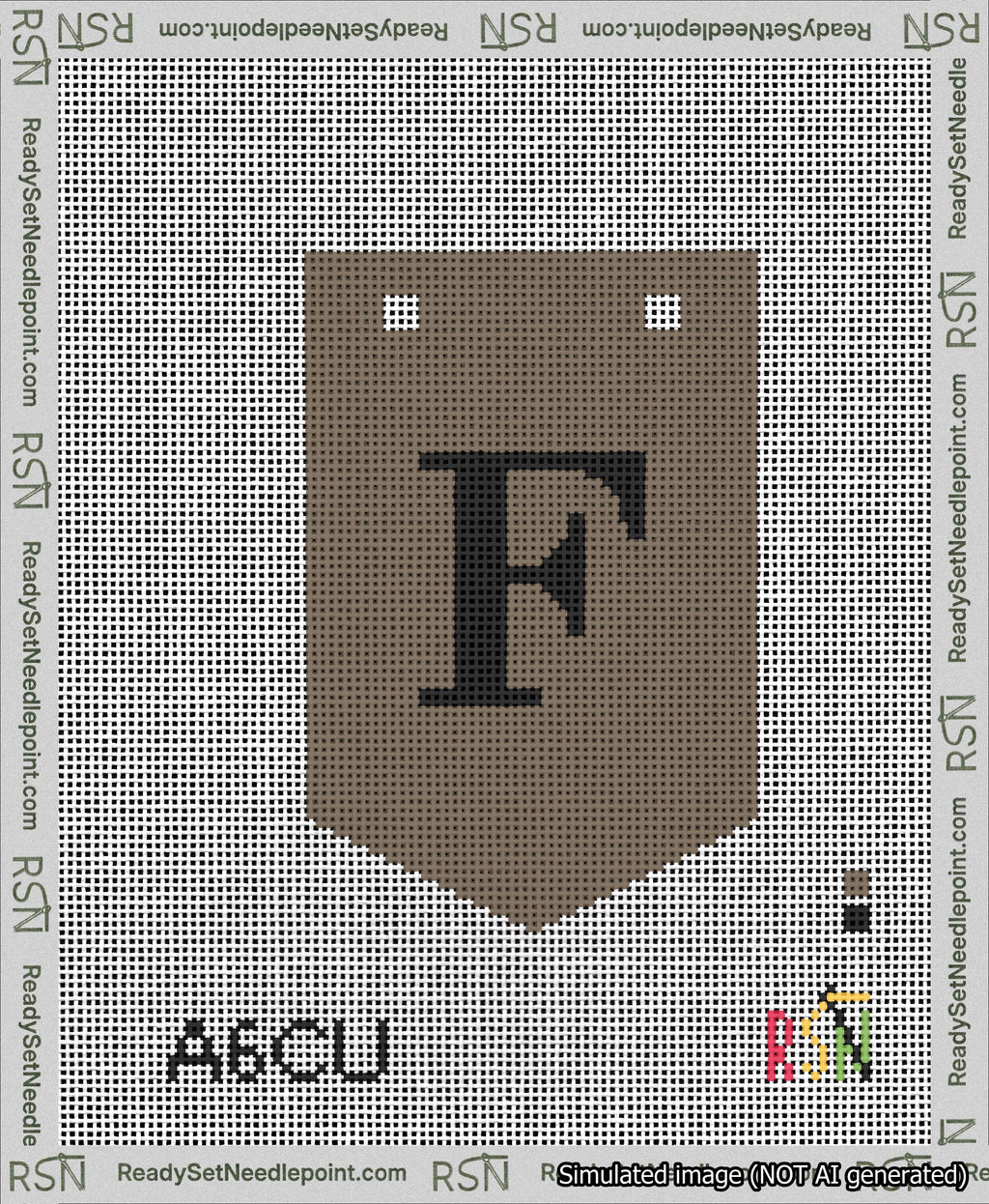 A taped needlepoint canvas with the design: Banner 13 mesh count Pointed F Black on Brown.