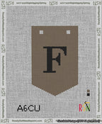 A taped needlepoint canvas with the design: Banner 13 mesh count Pointed F Black on Brown.