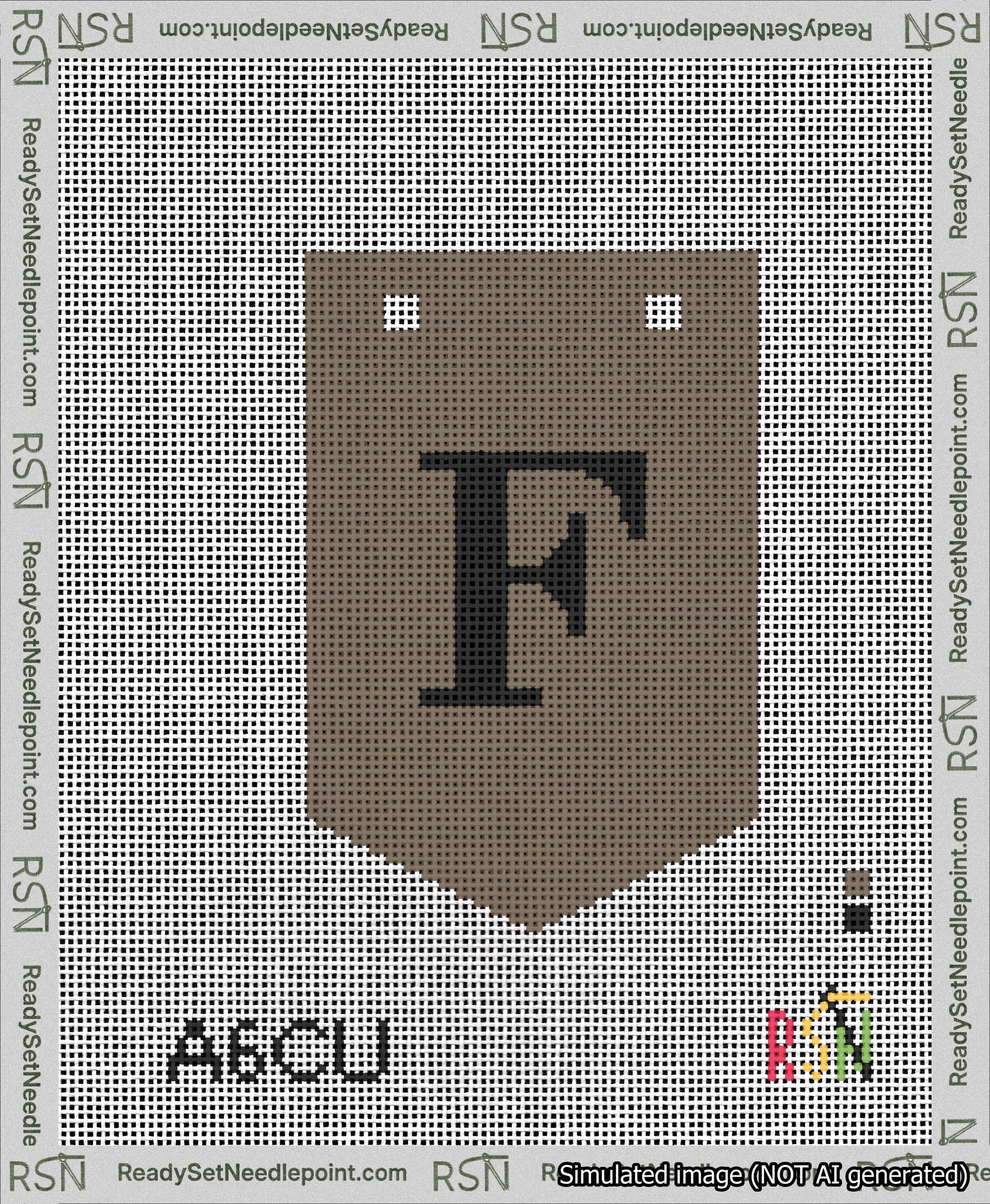 A taped needlepoint canvas with the design: Banner 13 mesh count Pointed F Black on Brown.