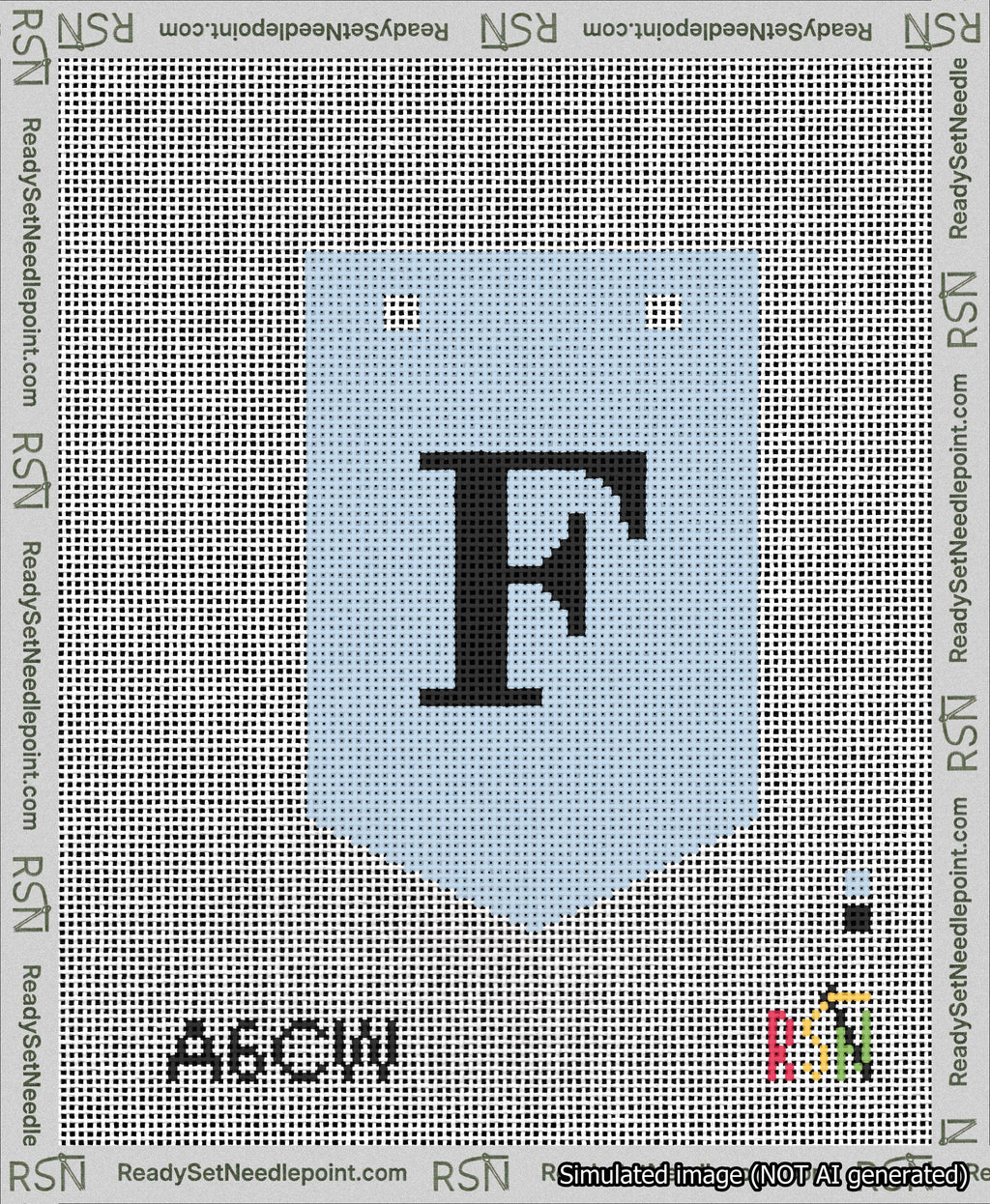 A taped needlepoint canvas with the design: Banner 13 mesh count Pointed F Black on Light Blue.