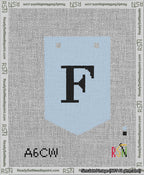 A taped needlepoint canvas with the design: Banner 13 mesh count Pointed F Black on Light Blue.
