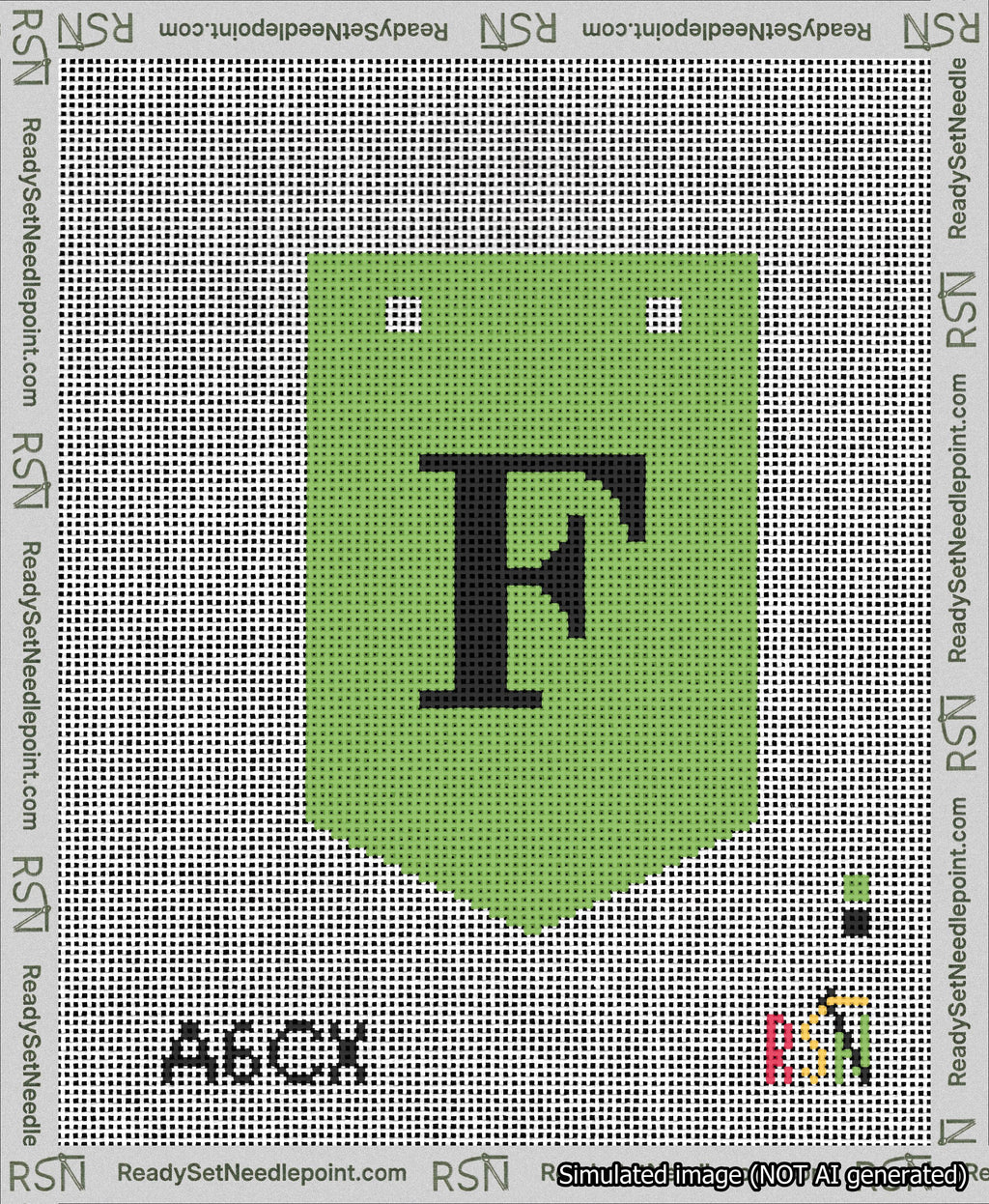 A taped needlepoint canvas with the design: Banner 13 mesh count Pointed F Black on Light Green.