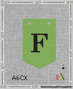 A taped needlepoint canvas with the design: Banner 13 mesh count Pointed F Black on Light Green.