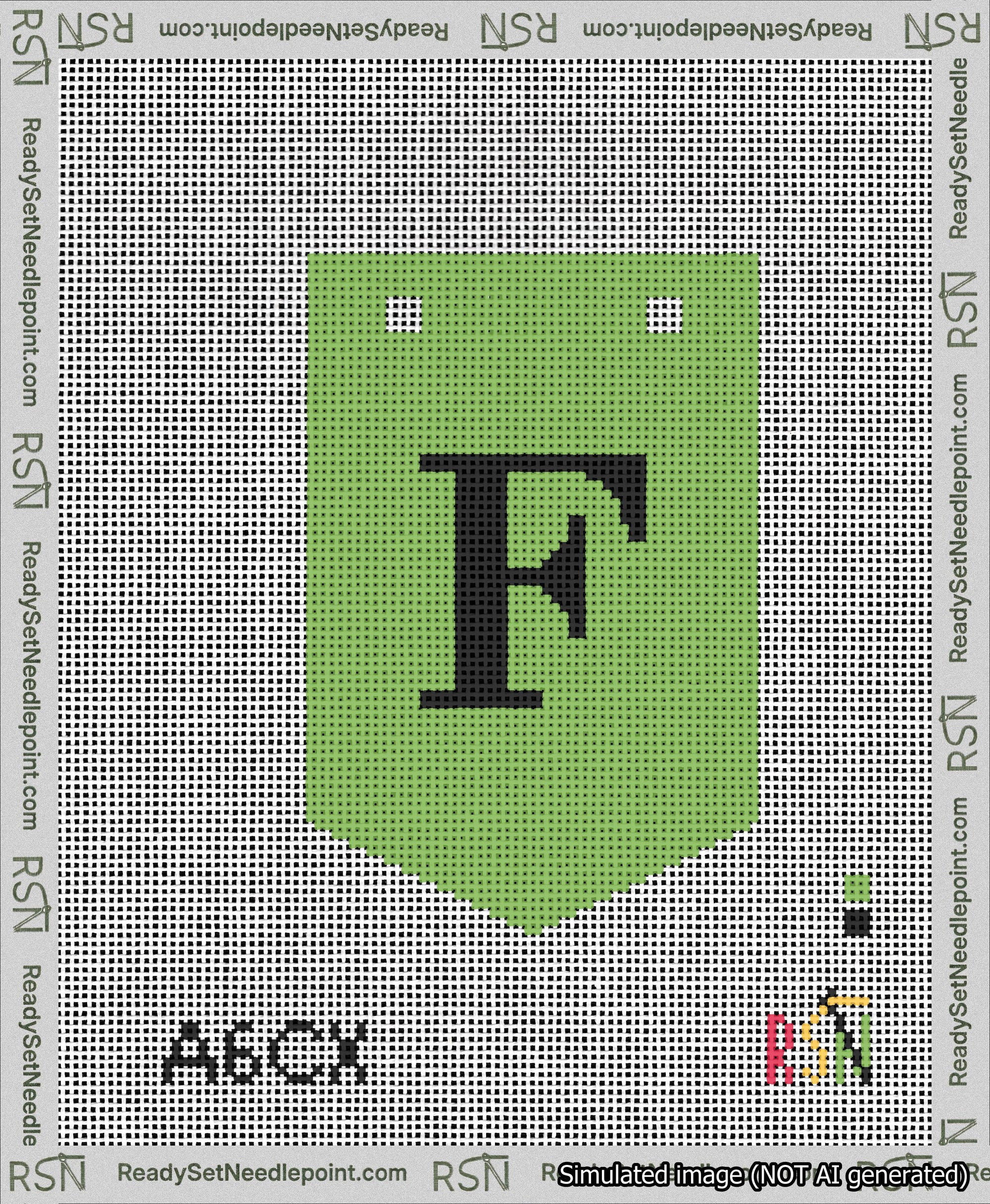 A taped needlepoint canvas with the design: Banner 13 mesh count Pointed F Black on Light Green.