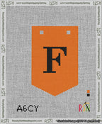 A taped needlepoint canvas with the design: Banner 13 mesh count Pointed F Black on Orange.