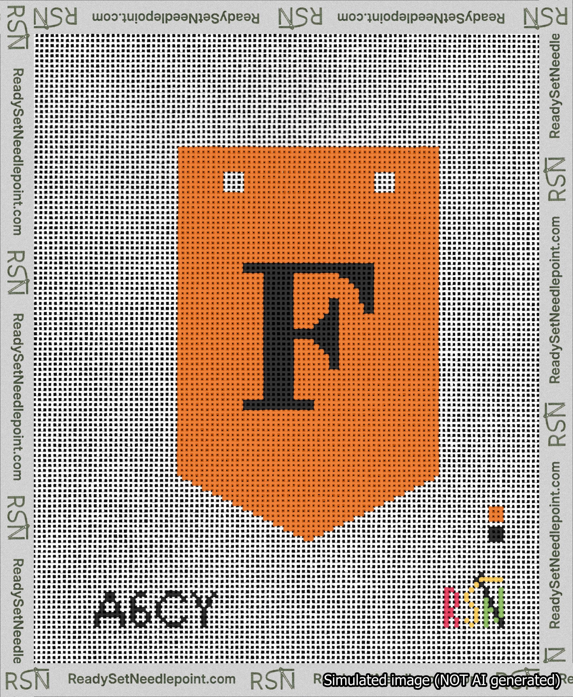 A taped needlepoint canvas with the design: Banner 13 mesh count Pointed F Black on Orange.