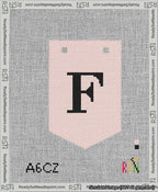 A taped needlepoint canvas with the design: Banner 13 mesh count Pointed F Black on Pink.