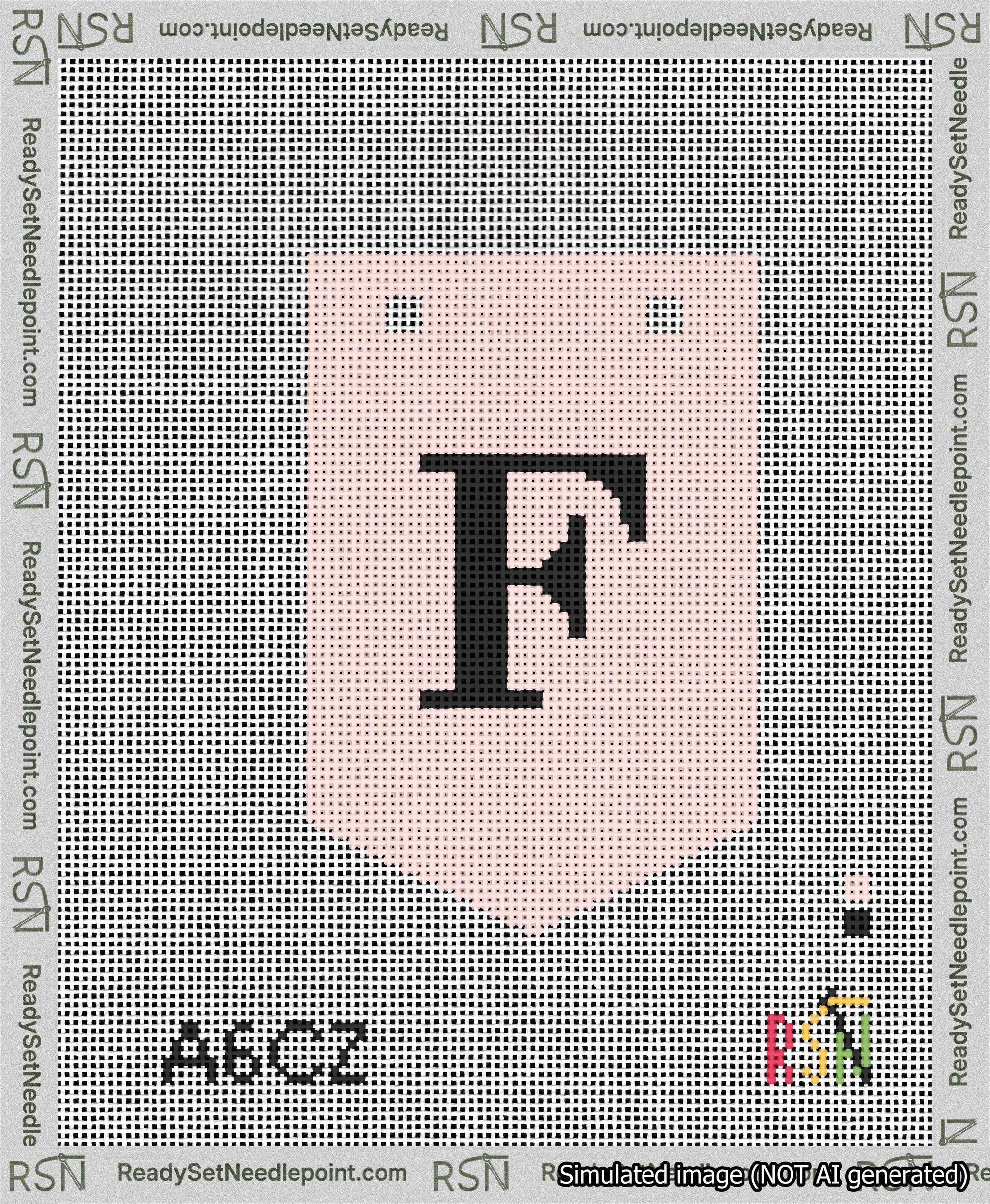 A taped needlepoint canvas with the design: Banner 13 mesh count Pointed F Black on Pink.
