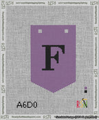 A taped needlepoint canvas with the design: Banner 13 mesh count Pointed F Black on Purple.